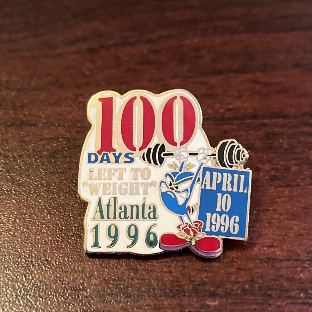Vintage 1996 Atlanta Summer Olympics Izzy 100 Days Left To “Weight” Lapel Pin